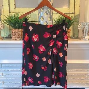 CAbi Black Pink Petal Ruched Faux Wrap Zip Up Knee Length Skirt NEW Size M #5513